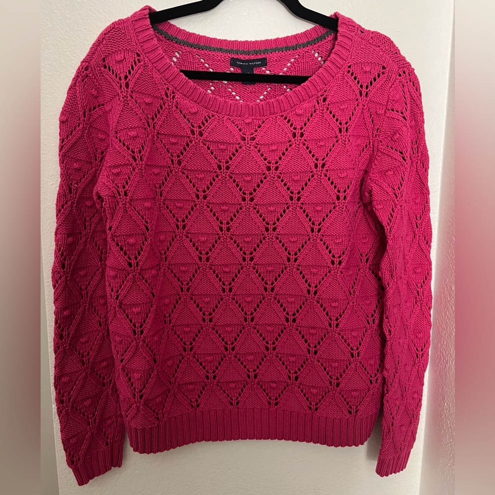 EUC TOMMY HILFIGER Hot Pink Knit Bauble PomPom Diamond Sweater